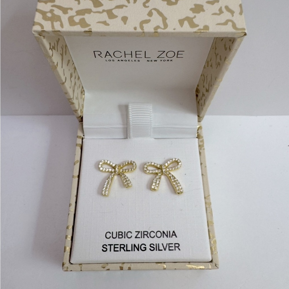 Rachel Zoe Sterling Silver Gold Bow CZ Earrings